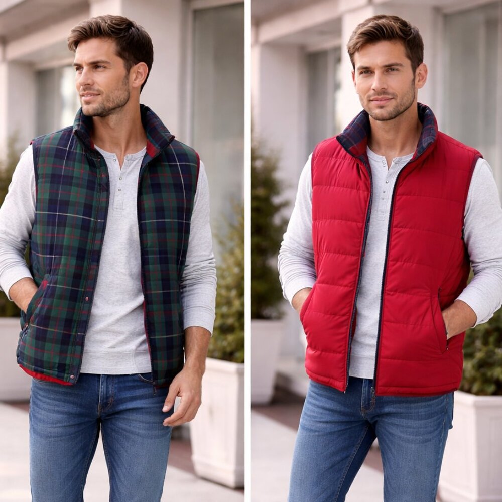 Eddie Bauer Men’s M Reversible Crimson Plaid Puffer Vest